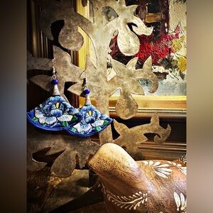 Blue Floral Embroidered Earrings on royal blue silk